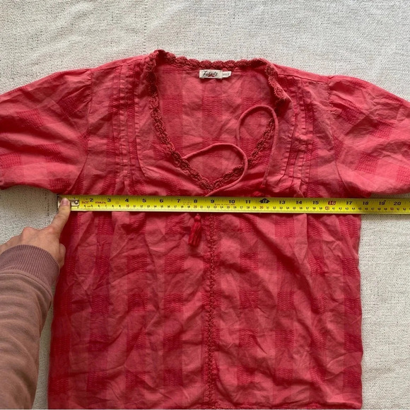 FAHERTY 100% Organic Cotton Margate Short Sleeve Checkered Blouse Size XXS - Picture 14 of 14